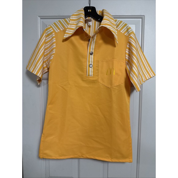 Vtg 70s Crest McDonalds Unisex Polo Uniform‎ Shirt SZ Small- Sherbert Yellow - Picture 1 of 7